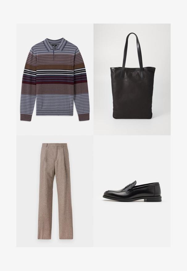Dugmadni pulover dugih rukava s izmjeničnim prugama plave, smeđe i bordo boje, s ovratnikom i jednim dugmetom. Teksturirana pletenina.; Smeđe, hlače viskog struka od teksturiranog materijala. Imaju široke nogavice i dva prednja pregiba za strukturu. Uređen završetak bez vidljivih metalnih dijelova.; Crni kožni mokasini s glatkom teksturom, zaobljenim prstima i ukrasnom trakom preko prednjeg dijela. Niski slojeviti potplat, minimalistički dizajn.; Crna platnena torba s crnim kožnim ručkama. Jednostavan dizajn, prostrano tijelo i glatka tekstura. Bez vidljivih logotipa ili uzoraka.