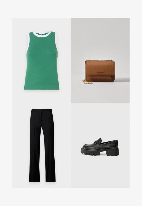 Top verde fără mâneci, cu un design ajustat, având un guler alb rotund și margini la brațe, realizat dintr-un material neted și elastic.; Pantaloni negri cu croi drept, dintr-un material neted, cu front plat, brâuri pentru curea și fără buzunare sau embellishments vizibile.; Mocasini negri din piele cu o talpă groasă, având un accent aurit în față și un finisaj neted. Design cu ștanțare groasă pe talpă.; Geantă crossbody din piele texturată maro, cu curea din lanț aurit și închidere cu clapetă. Partea din față prezintă detalii cu logo și o buzunar sub clapetă.