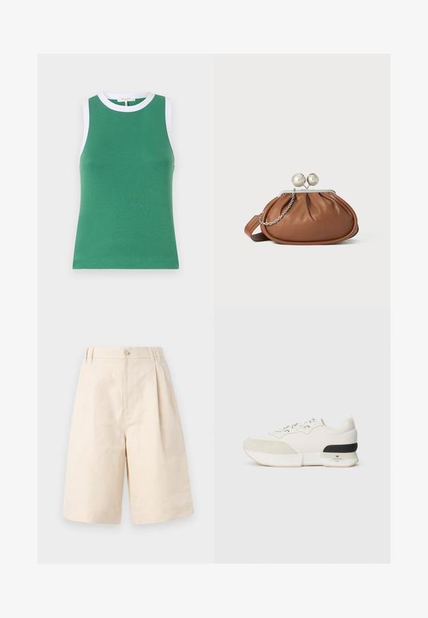 Top verde fără mâneci, cu un design ajustat, având un guler alb rotund și margini la brațe, realizat dintr-un material neted și elastic.; Șorturi din in bej, cu o croială relaxată, având închidere cu buton, design pliat și lungime până la genunchi. Textură netedă și stil simplu.; Adidași albi cu vârf din suede texturat, parte superioară din plasă netedă, șireturi decorative și un accent din cauciuc negru la toc.; Plic din piele maro cu închidere din bilă argintie și un mic detaliu cu lanț argintiu pe un fundal alb.