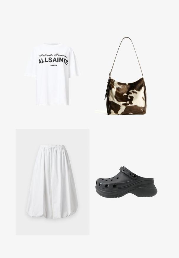 Weißes Baumwoll-T-Shirt mit schwarzem Drucktext "Infinite Summer ALLSAINTS LONDON" in fettem und geschwungenem Schriftzug, lockere Passform, kurze Ärmel.; Weißer, knielanger Rock mit einem elastischen Bund und einer Ballonform. Hergestellt aus leichtem Material mit glatter Textur.; Schwarze Clogs mit perforierten Seitenlöchern aus leichtem Kunststoffmaterial. Mit einem Fersenriemen und einer strukturierten Sohle.; Braune und cremefarbene Kuhhaut-Umhängetasche mit einem glatten Ledertrageriemen, Reißverschluss und einer weichen, strukturierten Oberfläche mit einem natürlichen Muster.