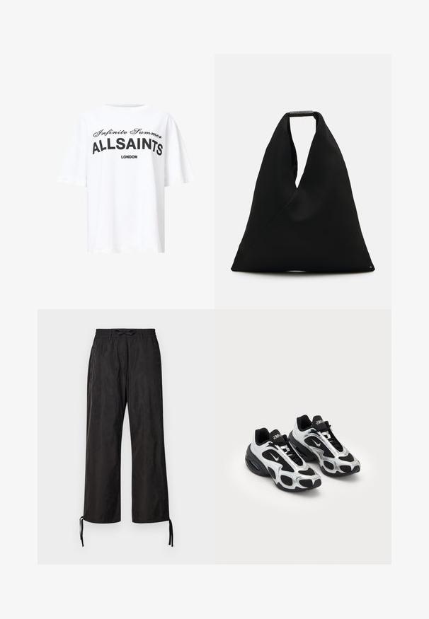 Bela bombažna majica z črnim natisnjenim besedilom "Infinite Summer ALLSAINTS LONDON" v pisanih in skriptnih fontih, sproščenega kroja, kratkimi rokavi.; Črne hlače ohlapnega kroja z elastičnim pasom in nastavljivimi vrvicami pri gležnjih. Gladek material z diskretnim sijajem.; Črne in srebrne športne čevlje z mrežnim in sintetičnim zgornjim delom, ki vsebujejo značilno valovito obliko in oblazinjen ovratnik, z zračno blazino v podplatu.; Črna tkanina torba za na ramena z edinstvenim V-oblikovanim dizajnom in gladko teksturo. Ima kratek ročaj z minimalističnimi kovinskimi detajli.; Črne brezprstne rokavice iz raztegljivega materiala, z obliko odprtega dlani, s poudarki za oprijem in logotipom Nike v beli barvi.
