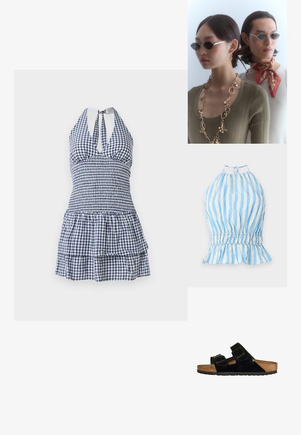 Blauw-wit gestreepte haltertop met geraffineerde bodice, elastische taille en gerimpelde zoom. Gemaakt van lichtgewicht stof met een gestructureerde afwerking.; Gingham print zomerjurk in marineblauw en wit, met een aansluitende bovenkant, halternek, open rug en een gelaagde ruches onderkant.; Zwarte gepatineerde leren sandalen met twee verstelbare banden, kurken voetbed en rubberen zool, met een gladde textuur en een minimalistisch ontwerp.; Ronde zonnebrillen met donkere lenzen en dunne zilveren monturen. De ene persoon draagt een gouden ketting, terwijl de andere een rood patroon sjaal heeft.; Bordeaux schoudertas van glanzend materiaal, met een gebogen vorm en een geplooide textuur. Een korte handgreep en zichtbare ritssluiting zijn aanwezig.