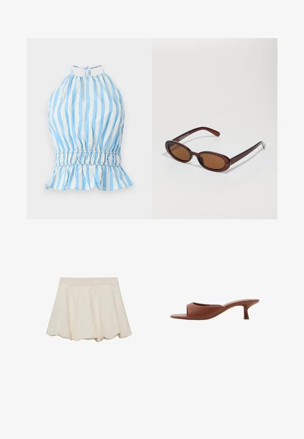 Blå och vit randig halterneck-top med rynkad byst, elastisk midja och volangkant. Tillverkad av ett lättviktigt tyg med en texturerad yta.; Krämfärgad kjol med en mjuk och slät textur, utsvängd design och en scalloped fåll. Har ett brett, elastisk midjeband för komfort.; Bruna öppna klackmules med en slät, matt yta, med en kurvad design och en genomskinlig, avsmalnande klack.; Runda, bruntonade solglasögon med en glansig bordeauxfärgad ram. Smala bågar med subtilt varumärkesdetalj. Platt linsdesign.