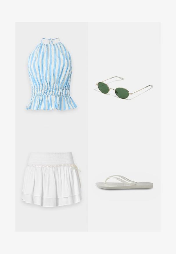 Top halter a righe blu e bianche con scollo a cuore, vita elastica e orlo arricciato. Realizzato in tessuto leggero con finitura texturizzata.; Gonna bianca a strati con vita elastica, caratterizzata da un dettaglio in smocking testurizzato e un nastro decorativo. Tessuto di cotone.; Infradito bianchi con suola testurizzata, caratterizzate da cinghie sottili e design piatto. Realizzate in gomma con un logo sottile sulla soletta.; Occhiali da sole con montatura dorata, lenti ovali verdi e aste in metallo sottili. Presentano estremità in plastica trasparente sulle aste per maggiore comfort.