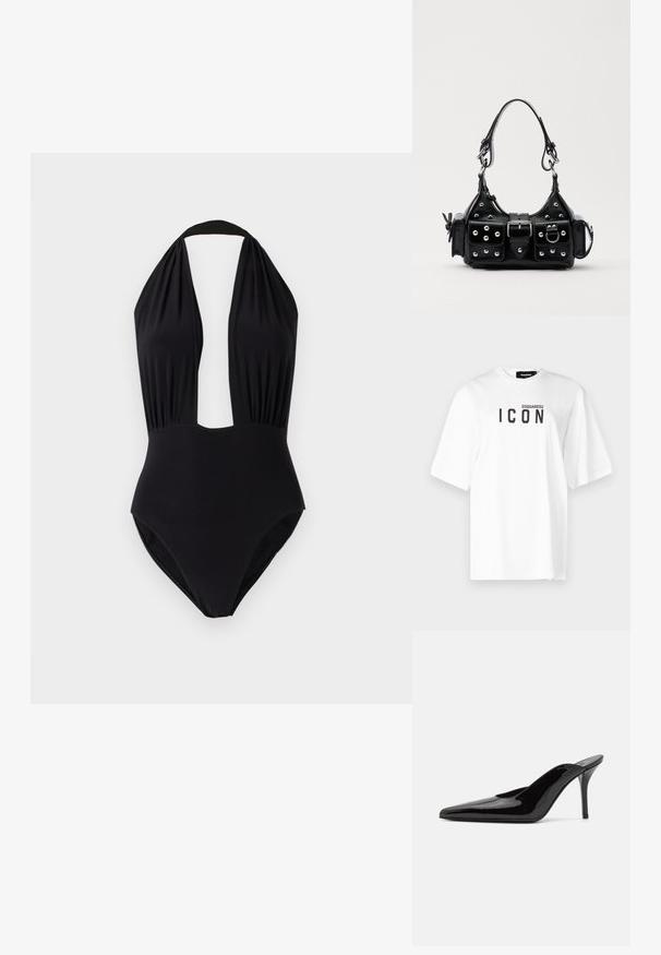 DSQUARED2 ICON TEE - Camiseta estampada - white; Bañador negro de una pieza con diseño de cuello halter, escote profundo en la parte frontal, tejido recogido en el busto y una textura suave.; Mule de charol negro con tacón alto, punta afilada y una silueta elegante, con un escote abierto en la parte posterior y un tacón de aguja delgado.; Bolso de mano de cuero negro con un diseño curvado, que cuenta con tachuelas plateadas, una hebilla y dos bolsillos laterales. Correa ajustable para opciones de transporte.
