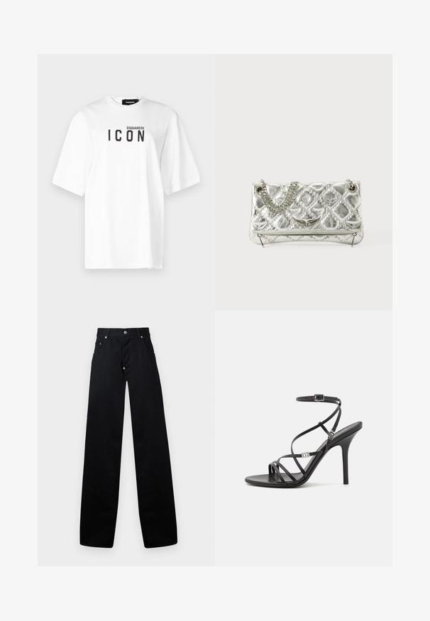 DSQUARED2 ICON TEE - Print T-shirt - white; Black wide-leg pants made of cotton, featuring a zip fly, two front pockets, and a classic five-pocket design with metal hardware accents.; Black high-heeled sandal with thin straps, an ankle buckle, a smooth leather surface, and a slender stiletto heel.; Silver metallic handbag with chain handle, quilted texture, decorative stitching, and a zip closure. Features embossed accents on the front.