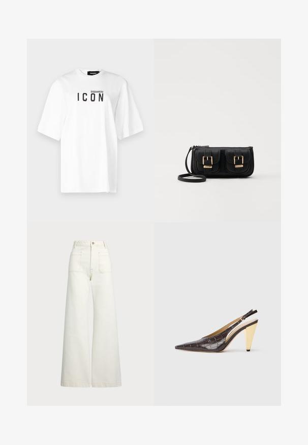 DSQUARED2 ICON TEE - T-shirts med print - white; Vidde bukser i off-white denim. Høyt liv-design med knappelukking, to frontlommer og kontrastsøm detaljer.; Spenne-punktet hæl i mørkebrun, blank faux krokodillelær. Har en gullfarge geometrisk hæl og justerbar ankelstropp.; Svart skinn crossbody veske med to frontlommer, gyldne spenner, glidelåslukking og en slank stropp. Teksturert overflate og kompakt rektangulær form.