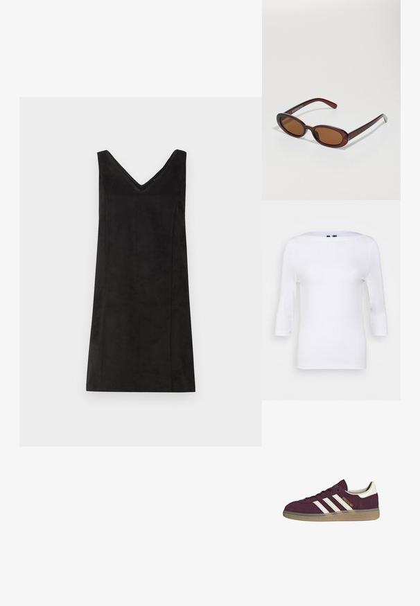 Bjela duga rukava majica s brodom izrezom i prilagođenim oblikom. Napravljen od glatkog materijala s laganom teksturom. Bez vidljivih uzoraka ili akcenata.; Crna haljina bez rukava s V-izrezom, izrađena od mekog materijala, s ravnim krojem i minimalnim detaljima. Glatka tekstura.; Maroon zamšene tenisice s bijelim tri pruge i bež detaljima. Imaju teksturiranu gumenju potplat i zlatni logotip sa strane.; Okvir okruglih, smeđkastih sunčanih naočala s sjajnim burgundskim okvirom. Uski nositelji s suptilnim brendiranjem. Ravna leća.; Smeškan smeđi kožni torbica u obliku trokuta. Ima pletenu ručku i patentni zatvarač na vrhu.