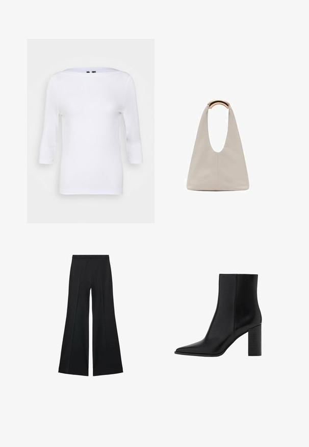 Bela dolga majica z dolgimi rokavi in čolnastim izrezom, ki se prilega postavi. Narejena iz gladkega materiala z lahkotno teksturo. Brez vidnih vzorcev ali dodatkov.; Črne široke hlače z gladko teksturo, ki imajo sprednje nabore in kroj po meri. Tkanina je lahka in zračna.; Črne usnjene gležnjarje z ostrim nosom, kvadratno peto, gladko teksturo in šivi ob šivih. Pete merijo približno 3,5 palca.; Svetlo siva usnjena torba z U-oblika zasnovo in ukrivljenim kovinskim ročajem. Gladka tekstura z minimalnim šivom in brez vidnih vzorcev.