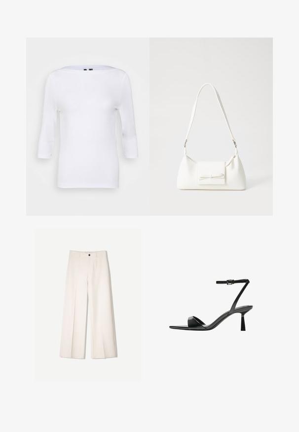 Biała bluzka z długim rękawem, o dekolcie w łódź i dopasowanym kroju. Wykonana z gładkiego materiału o lekkiej teksturze. Bez widocznych wzorów czy akcentów.; Kremowe spodnie szerokie z dopasowanym krojem, z dwoma przednimi kieszeniami i pojedynczym zapięciem na guzik z przodu, wykonane z gładkiego materiału.; Bershka - Sandały na obcasie; Biała syntetyczna torba o trójkątnym kształcie, płaskim przednim klapce i detalach w postaci kokardy, regulowanym pasku, gładkiej fakturze oraz minimalistycznym designie.