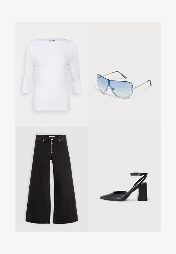 Biely dlhý rukáv top s lodičkovým výstrihom a priliehavým strihom. Vyrobený z hladkého materiálu s ľahkou textúrou. Žiadne viditeľné vzory alebo akcenty.; Dlhé nohavice vo voľnom strihu z čierneho denimu so zipsom vpredu, päť vrecúškovým dizajnom a jemnými stehovými detailmi. Hladká textúra a neformálny štýl.; Čierne kožené lodičky s špicatou špičkou a členkovým remienkom, s masívnym podpätkom. Hladký povrch, elegantný dizajn a minimalistická estetika.; Pilotné slnečné okuliare s prechodovým modrým sklom, strieborným kovovým rámom a ozdobnými hviezdičkovými akcentmi na sklách. Hladký a elegantný dizajn.