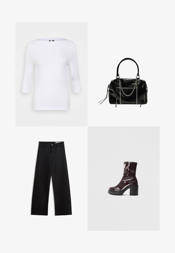 Hvid langærmet top med bådudskæring og tætsiddende pasform. Lavet af glat stof med en let tekstur. Ingen synlige mønstre eller detaljer.; Sorte wide-leg denim bukser med høj talje, der har front- og baglommer, syede sømme og en knaplukning. Glat tekstur.; Glatte burgunder ankelstøvler med en chunky sort hæl, der har en glat tekstur og et simpelt design. Ingen synlige lukninger eller mønstre.; Bershka WITH CHAIN - Håndtasker - black