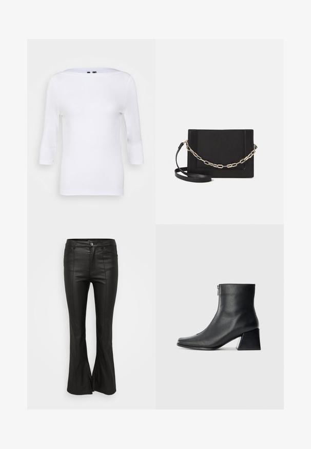 Bjela duga rukava majica s brodom izrezom i prilagođenim oblikom. Napravljen od glatkog materijala s laganom teksturom. Bez vidljivih uzoraka ili akcenata.; Crne hlače s flared krojem, sjajnom, kožnom teksturom, s prednjim džepovima, kopčanjem na gumb i bočnim prorezima na rubu.; Crne kožne gležnjače sa četvrtastim vrhom, bočnim patentnim zatvaračem i blok petom na jednostavnoj svijetloj pozadini.; Crna kožna torba preko tijela s glatkom teksturom, pravokutnim oblikom i metalnim lancem na prednjoj strani. Uključena je podesiva naramenica.