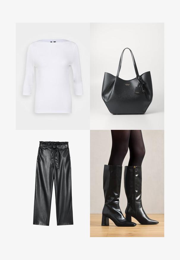 Balta ilgomis rankovėmis palaidinė su plačia iškirpte ir prigludusia forma. Pagaminta iš lygaus audinio, turinčio lengvą tekstūrą. Be matomų raštų ar akcentų.; Juoda dirbtinės odos plačių kojų kelnės su elastingu, pūkuotu liemeniu ir nuimamu raišteliu. Lygus paviršius ir minimalus blizgesys.; Juodų odinių batų iki kelių su blizgiu paviršiumi, smailia nosimi ir masyviu kulnu. Šone esanti užtrauktuko detalė, kad būtų lengviau užsidėti.; Juodas nepriekaištingas maišelis, pagamintas iš tekstūruotos sintetinės medžiagos, su plačia siluetu, turintis dvi rankenas ir prekės ženklą atspindinčią pakabą.; Sidabrinė lankinė auskarai su poliruotu paviršiumi, turintys mažus auksinius akcentus ir apvalią formą, dėvimi ant ausies kaušelio.