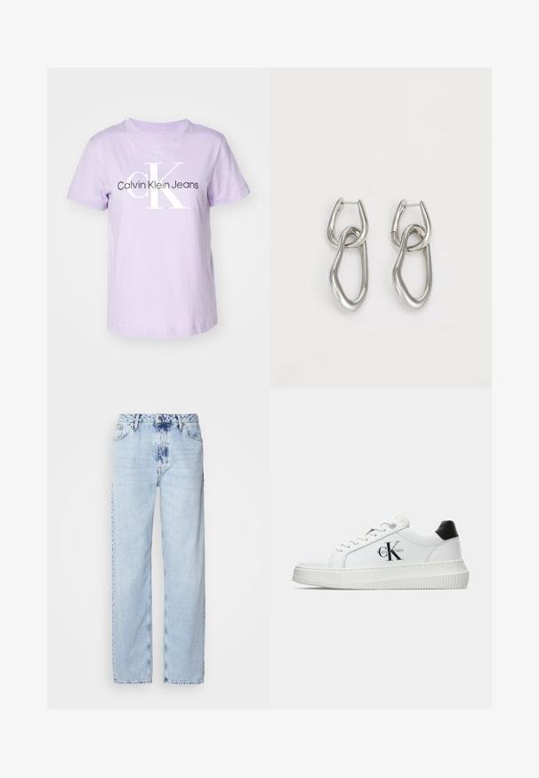 Calvin Klein Jeans MONOLOGO REGULAR TEE - Marškinėliai su spaudiniu - candy apple; Šviesiai mėlynos plačios kelnės, pagamintos iš džinsinio audinio, su aukšta juosmens linija, išblukusiu plovimu ir subtiliu tinių dažymu priekyje.; Balti žemakulniai bateliai su juodu kulno dangteliu, platformos padu, raišteliais ir Calvin Klein "CK" logotipu šone.; Calvin Klein STATEMENT LINKS - Auskarai - silver-coloured