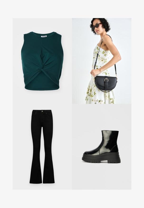 Noisy May WIGGI ciemnozielony; Czarne, wysokie dżinsy z guzikem i zamkiem błyskawicznym, z przednimi kieszeniami i rozszerzanymi nogawkami, leżące płasko na białym tle.; Czarne błyszczące botki sięgające kostki z grubą podeszwą i zaokrąglonym czubkiem, widok z boku na jednolity jasnoszary tle.; Czarna skórzana torebka o zakrzywionym kształcie, z odpinanym paskiem i złotymi akcentami. Torebka posiada klapę z zapięciem w kształcie klamry.