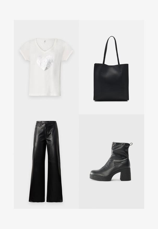 White T-shirt with a V-neck, featuring a silver zebra-pattern heart design at the center. Short sleeves, soft cotton material.; Black high-waist wide-leg faux leather pants with front button, zip closure, belt loops, and side pockets on white background.; Black ankle boots made of smooth leather, featuring a side zipper, chunky textured heel, and rounded toe design.; Black leather tote bag with smooth texture, rectangular shape, and two long handles. No visible hardware or embellishments.