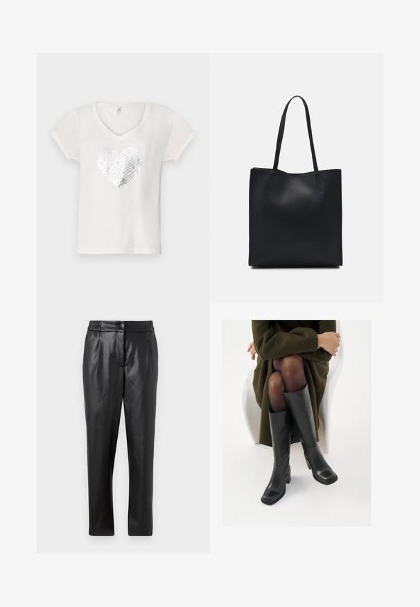 Witte T-shirt met een V-hals, voorzien van een zilverkleurig hartdesign met zebra-patroon in het midden. Korte mouwen, gemaakt van zacht katoen.; Zwarte leren broek met een gladde textuur, rechte pasvorm, elastische tailleband en een knoopsluiting aan de voorkant; geplooide details en taps toelopende pijpen.; Knieschijf hoge zwarte leren laarzen met een vierkante neus en blokhak, getoond met een model dat zit in een olijfgroene jas. Gladde textuur, minimale details.; Zwarte leren handtas met een gladde textuur, rechthoekige vorm en twee lange handvaten. Geen zichtbare hardware of versieringen.
