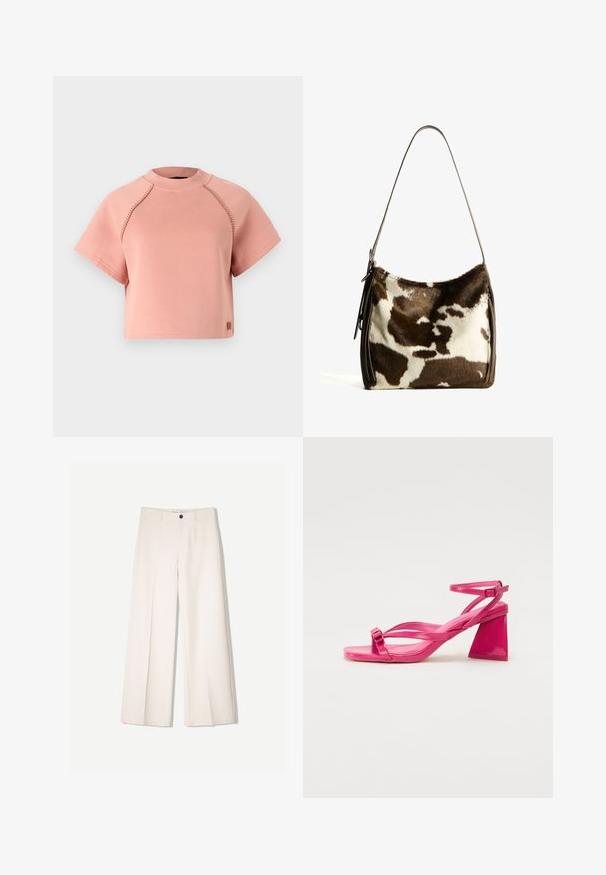 Růžový zkrácený svetr s kulatým výstřihem, krátkými rukávy a kontrastními prošiti. Obsahuje malou nášivku s logem na lemu.; Krémové široké kalhoty s tailored designem, které mají dvě přední kapsy a jedno zapínání na knoflík vpředu, vyrobené z hladkého materiálu.; Růžové lakované sandály na podpatku se čtveratou špičkou, úzkými pásky a geometrickým blokovým podpatkem. Obsahují detail přezky na pásku.; Hnědá a krémová kravská kůže ramenní taška s hladkým koženým popruhem, zipovým uzavřením a jemným, texturovaným povrchem s přírodním vzorem.