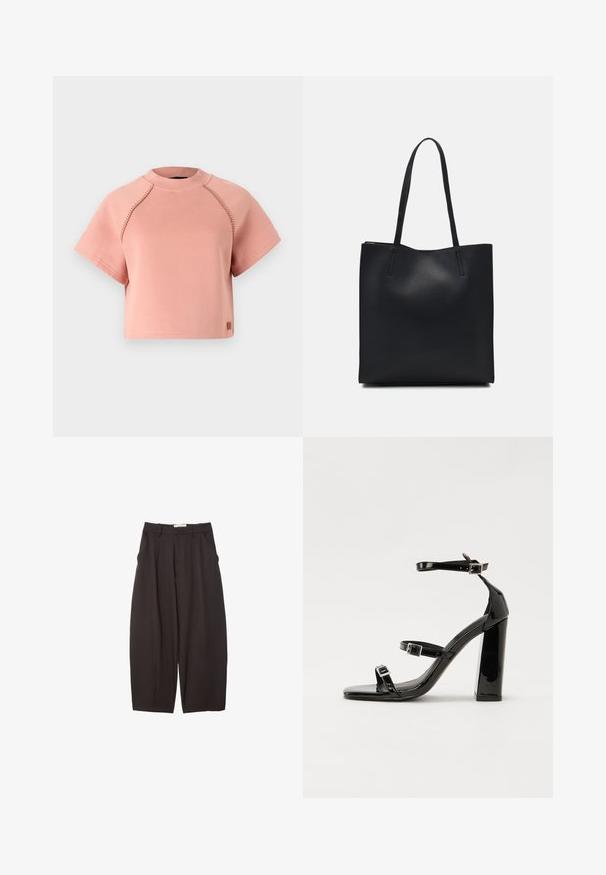 Růžový zkrácený svetr s kulatým výstřihem, krátkými rukávy a kontrastními prošiti. Obsahuje malou nášivku s logem na lemu.; Černé široké kalhoty vyrobené z hladkého materiálu, s vysokým pasem, předními sklady a bočními kapsami. Jednoduchý design bez ozdob.; Černé lakované sandály na podpatku se čtveratou špičkou, lýtkovými pásky a stříbrnými přezkami. Disponují masivním blokovým podpatkem pro stabilitu.; Černá kožená taška přes rameno s hladkým povrchem, obdélníkovým tvarem a dvěma dlouhými uchy. Žádné viditelné kování ani ozdoby.