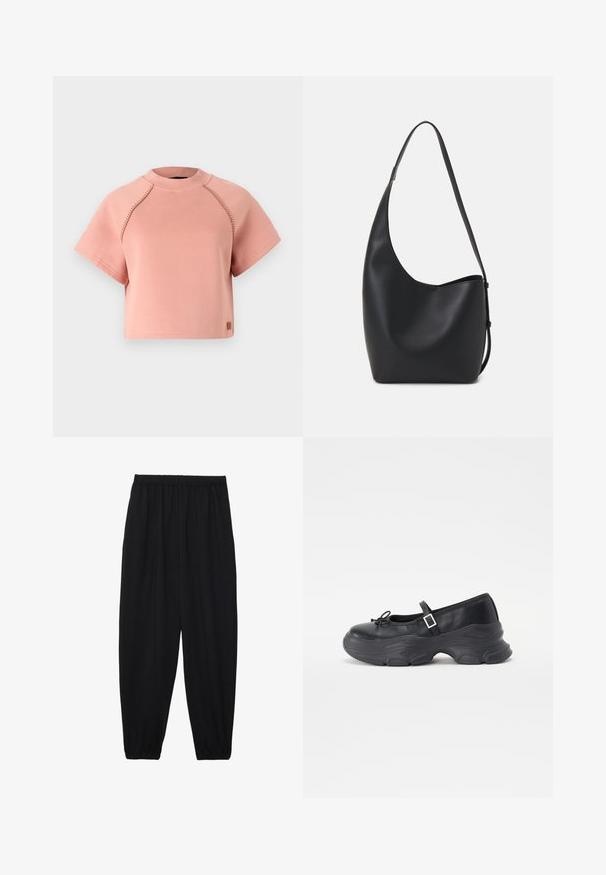 Pink cropped sweatshirt with a round neck, short sleeves, and contrasting stitching details. Features a small logo patch at the hem.; Black, lightweight pants with an elastic waistband and gathered ankles. The fabric is smooth and features a relaxed, tapered design.; Black leather Mary Jane shoe with a rounded toe, bow detail, and an adjustable ankle strap. Features a chunky rubber sole with curved accents.; Black leather hobo bag with a smooth texture, curved shape, and single adjustable strap; features a wide opening at the top.