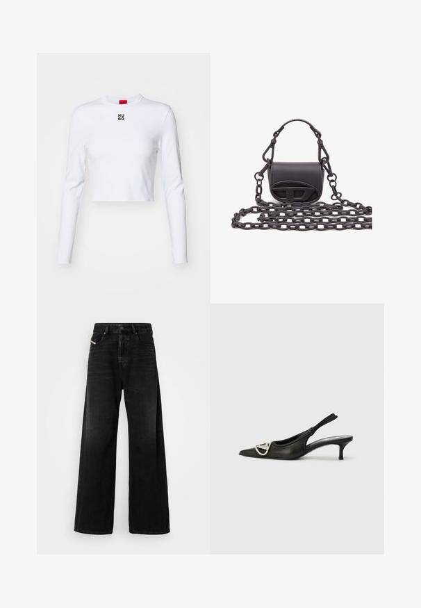 Valge pika varrukaga lühike topp, millel on ringkaelus ja väike must "HUGO" logo rinnal. Sile tekstuur ja keha lähedane disain.; Laiene jalad mustad teksapüksid kõrge vöökohaga, mis sisaldavad nööpkinni ja eesmist taskut, koos khaki kulunud tekstuuriga.; Must tassu mustast nahast, millel on terav varvas, hõbedane logoaksent ja väike konts. Sile tekstuur ja minimalistlik disain.; Väike must käekott, mis on valmistatud siledast nahast, ümar kuju, esipaneelil logo aktsent ja tekstureeritud kett.