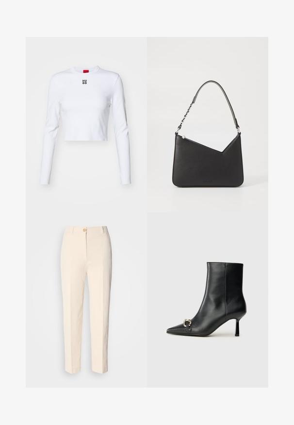 Crop top alb cu mânecă lungă, din bumbac, având guler rotund și un mic logo negru "HUGO" pe piept. Textură netedă și design ajustat.; Pantaloni crem, cu talie înaltă, dintr-un material texturat. Au închidere cu nasture în față și picioare conice.; Botine negre din piele, cu vârf ascuțit, toc subțire de înălțime medie și detaliu cu cataramă argintie pe lateral, pe un fundal simplu.; Geantă din piele neagră cu formă triunghiulară, curea subțire și accesorii din metal argintiu. Dispune de închidere cu fermoar și logo embosat pe față.