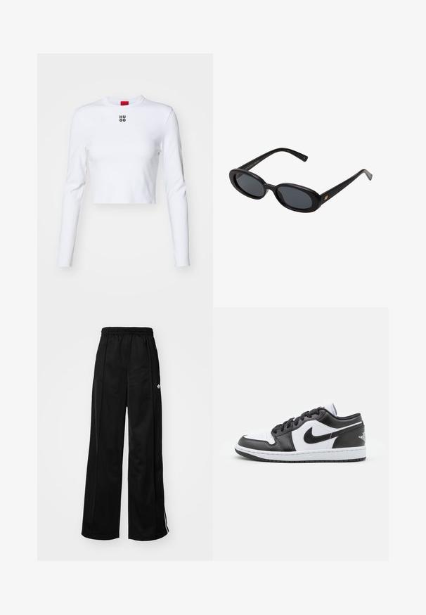 Top corto de manga larga blanco, hecho de algodón, con cuello redondo y un pequeño logo negro "HUGO" en el pecho. Textura suave con un diseño ajustado.; Pantalones de chándal negros de pierna ancha con cinturilla elástica, que cuentan con rayas laterales blancas y un pequeño logo en la cadera izquierda. Textura de tela suave.; Las zapatillas Nike de corte bajo en blanco y negro presentan un upper de cuero suave, puntera redonda, cierre con cordones y una suela de goma con patrón.; Gafas de sol grandes de color negro con lentes ovalados, montura de plástico suave y detalles dorados en las patillas. Los lentes oscuros ofrecen protección solar.