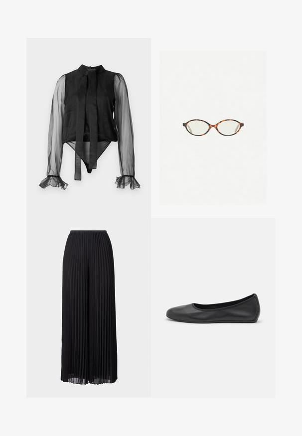 Černý body s průhlednými dlouhými rukávy, vysokým límcem a vázaným detailem na přední části. Obsahuje volánkové manžety a hladkou texturu látky.; Černé plisované kalhoty s širokými nohavicemi a elastickým pasem. Vyrobené z lehkého materiálu s vertikálními záhyby po celé délce.; Černé kožené baletní byty s kulatou špičkou, hladkou texturou, minimálními švy a flexibilním designem podrážky.; Želvovinové brýle s oválnými čočkami a hladkým, jemným povrchem. Má tenké bočnice s jemným zakřivením v chrámcích. Čiré čočky.