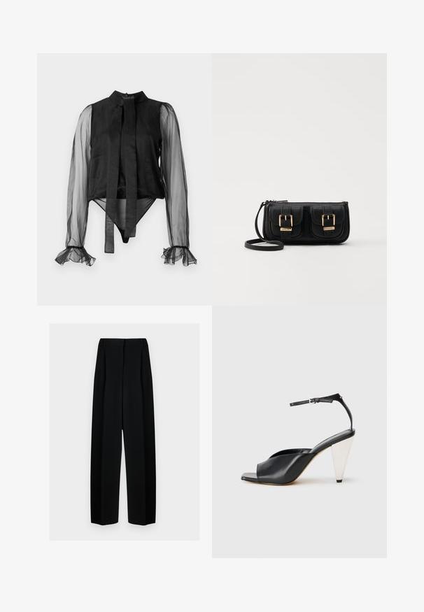 Schwarzer Body mit durchsichtigen langen Ärmeln, hohem Kragen und gebundenem Frontdetail. Mit Rüschensaum an den Ärmeln und glatter Stofftextur.; Schwarze weit geschnittene Hosen mit hoher Taille, die Falten und eine glatte Textur aufweisen. Der Stoff wirkt leicht und fällt elegant.; Schwarze Leder-Hochzehen-Sandale mit offener Zehe, asymmetrischem Design, Knöchelriemen und metallic kegelförmigem Absatz. Glatte Textur über das gesamte Produkt.; Schwarze Leder-Umhängetasche mit zwei vorderen Taschen, goldenen Schnallen, Reißverschluss und einem schmalen Tragegurt. Texturierte Oberfläche und kompakte rechteckige Form.