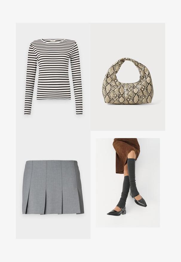 Mustvalge triibuline pikkade varrukatega särk ümmarguse kaelusega ja voolava ribakonstruktsiooniga. Triibud on ühtlases laius. ; Hallitatud hall seelik, millel on sile tekstuur, struktureeritud disain ja vormitud talje. Valmistatud kergest kangast, millel on peen muster.; Mustad patsaline odav värviga kingad, millel on kreen ja pahkluuring, on paaritatud hallide ribakudumitega sääremiidega ja pruunist nahast seelikuga.; Musta käärmeprindiga kott kõveraga käepidemega. Valmistatud tekstiilsetest, beežidest ja pruunidest materjalidest, millel on iseloomulik rombikujuline muster.