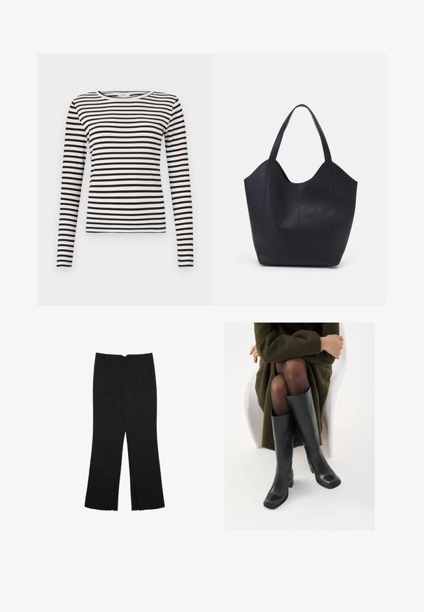 Schwarz-weiße gestreifte Langarmbluse mit Rundhalsausschnitt und enganliegender gerippter Textur. Ausgewogene Streifenbreite über die gesamte Bluse.; Schwarze Hose mit geradem Schnitt, ausgestattet mit Fronttaschen und Seitenschlitzen am Saum. Hergestellt aus weichem, glattem Stoff. Geeignet für verschiedene Anlässe.; Knöchelhöhe schwarze Lederstiefel mit quadrater Spitze und Blockabsatz, gezeigt mit einem Modell, das einen olivgrünen Mantel trägt. Glatte Textur, minimale Details.; Schwarze Tote-Bag aus glattem Leder, mit einem abgerundeten, offenen Oberteil, zwei Schulterträgern und einem minimalistischen Design.