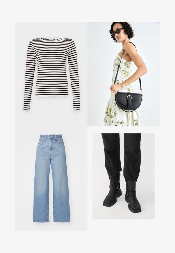 Camisa de manga longa às riscas preto e branco com decote redondo e textura canelada ajustada. Largura das riscas equilibrada em todo o tecido.; Jeans de cintura alta e perna larga em azul claro, com fecho frontal de botão e zíper, bolsos frontais e traseiros, sobre um fundo branco.; Botas de tornozelos em couro preto com bico quadrado, apresentando uma faixa larga e detalhe em fivela metálica. As botas têm uma sola robusta e textura suave.; Bolsa de couro preta com forma curva, alça destacável e detalhes em dourado. A bolsa possui uma aba com detalhe de fivela.