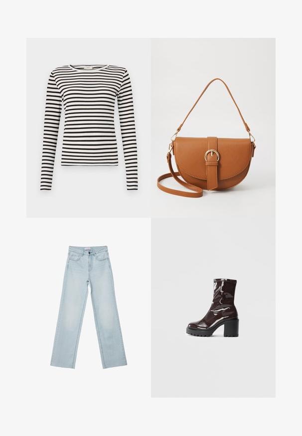 Majica dugih rukava crno-bijelih pruga s okruglim izrezom i prilagođenom rebrastom teksturom. Uravnotežena širina pruga na cijelom dijelu.; Svijetloplave široke traperice s pet džepova, dugmadi za zatvaranje i izblijedjelim detaljima. Klasičan ravni kroj s opuštenim fitom.; Sjajna burgundska čizma do gležnja s debelim crnim potplatom, koja se odlikuje glatkom teksturom i jednostavnim dizajnom. Nema vidljivih kopčanja ili uzoraka.; Smeđa kožna torba preko tijela s zakrivljenim oblikom, zlatnim metalnim detaljima i naglaskom na kopču. Ima odvojivu naramenicu.
