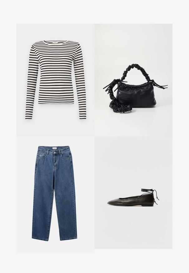 Majica dugih rukava crno-bijelih pruga s okruglim izrezom i prilagođenom rebrastom teksturom. Uravnotežena širina pruga na cijelom dijelu.; Klasične plave traperice s ravnim nogavicama, pet džepova i dugmadom za zatvaranje. Imaju srednje pranje i čvrstu teksturu.; Crne kožne baletanke s oštrim prstom, vezanjem oko članaka i ravnim potplatom, s glatkom teksturom i minimalističkim dizajnom.; Crna torba od umjetne kože s teksturom krokodila, s cinčanim vrhom i naboranom trakom. Izgleda mekano i kompaktno u dizajnu.