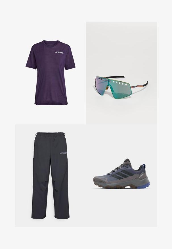 Camiseta deportiva de manga corta en color púrpura, hecha de una tela ligera, con un diseño de malla transpirable y un logo blanco "TERREX" en el pecho.; Pantalones outdoor ligeros y negros con cintura elástica, bolsillos laterales y un logo en la parte superior de la pierna derecha. Tejido liso y resistente al agua.; Zapatillas de senderismo en gris y azul que presentan una parte superior de malla y sintético, suela texturizada, cordones prominentes y tres franjas negras en el costado.; Las gafas de sol Oakley cuentan con una gran lente espejada verde con recortes en la parte superior, un diseño angular y elegante, y un marco metálico colorido con puntas negras.