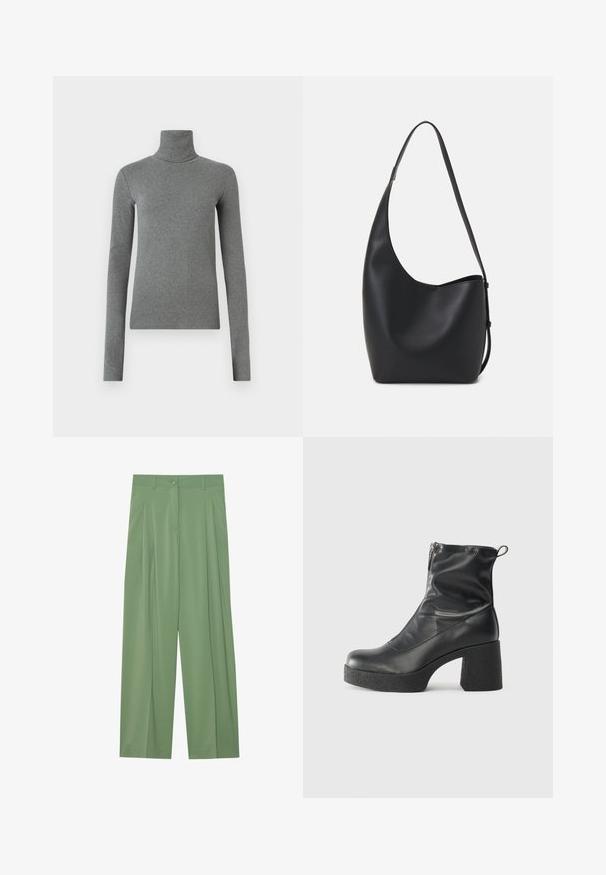 Grå turtleneck-genser laget av glatt, elastisk stoff. Langermet, tettsittende design, minimal tekstur, uten synlige mønstre eller metalldeler.; Grønne vide bukser laget av glatt stoff. Har folder foran, en enkelt knappelukking og beltehemper.; Svarte ankelstøvler laget av glatt lær, med glidelås på siden, chunky strukturert hæl, og rund tå-design.; Svart lær hobo-veske med glatt tekstur, buet form og enkelt justerbart stropp; har en bred åpning på toppen.