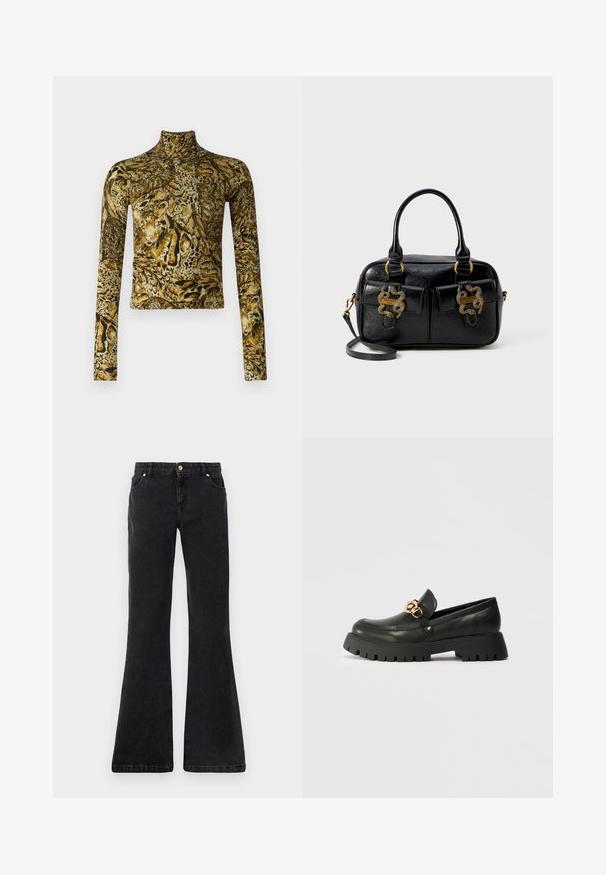 Langermet turtleneck topp i et mønstrete stoff som har gull- og svarte dyreprint, glatt tekstur og en tettsittende design.; Sorte, utsvingte denimjeans med fem lommer, frontknapplukking og kontraststing. Stoffet har en glatt tekstur.; Svart lær loafers med en tykk, teksturert gummisåle. Har en gullkjede-accent over vampen og en rund tådesign.; Svart teksturert lærveske med doble topphåndtak, to frontlommer og gullhardware. Har en avtakbar skulderstropp.