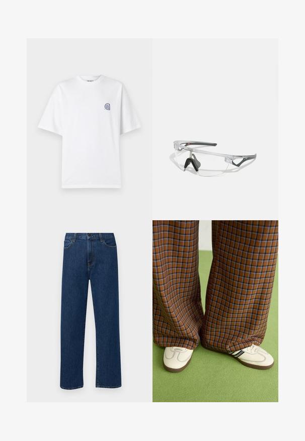 Bela bombažna majica s krojem okoli vratu in kratkimi rokavi. Na levem prsnem delu ima majhen modri logotip. Gladka tekstura.; Temno modri jeans ravne krojenje z naprsnimi žepi in gumbom za zapiranje, prikazani na enostavni beli podlagi.; Rjave in modre kariraste hlače širokih nogavic, v kombinaciji z belimi čevlji, ki imajo črne poudarke in teksturirane podplate, na zeleni podlagi.; Prozorni zaščitni očala z lahkim, prozornim okvirjem in sivo obrobo. Imajo zasnovo, ki se ovija okoli oči, ter nastavljiv nosni del.