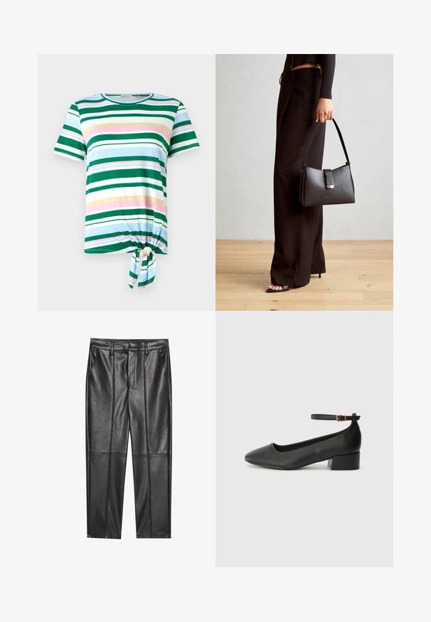 Tricou în dungi verzi și albastre, cu mâneci scurte, decolteu rotund și detaliu cu nod la tiv. Fabricat dintr-un material moale.; Pantaloni din piele neagră cu o textură netedă, având o croială dreaptă, două buzunare frontale și detalii vizibile ale cusăturilor.; Pantof cu toc negru din piele, cu vârf ascuțit și toc mic pătrat. Dispune de o curea la gleznă cu o cataramă în tonuri de aur. Textură netedă.; Genți negre cu o formă structurată, textură netedă și un închizător metalic. Asortată cu pantaloni negri largi și sandale cu vârf deschis pe un podea din lemn.