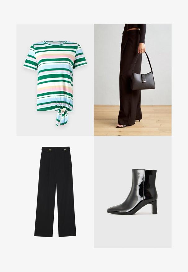 Zelena i plava prugasta majica kratkih rukava, s okruglim izrezom i detaljem u čvoru na rubu. Izrađena od mekog materijala.; Crne hlače širokih nogavica s visokim strukom, s dugmadi na pojasu i prednjim nabora.; Crne lakirane kožne gležnjače s šiljastim prstom i srednje visokom blok petom. Glatka tekstura i minimalistički dizajn.; Crna torba s oblikom koji sadrži strukturu, glađu teksturu i metalnu kopču. Uparena s širokim crnim hlačama i sandalama na otvorenom s drvenog poda.