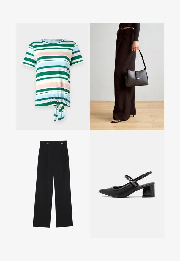 Zöld és kék csíkozott póló rövid ujjakkal, kerek nyakkal és csomózott részlettel az alján. Puha anyagból készült.; Fekete, bő szárú nadrág magas derékkal, gombos részletekkel a derékrészen és elülső pliszékkal.; Fekete lakk bőr, pántos magassarkú cipő, hegyes orral, lekerekített kivágással és tömbsarkal. Arany színű csat díszíti.; Fekete kézi táska strukturált formával, sima textúrával és fémből készült záródással. Széles fekete nadrággal és nyitott orrú szandállal párosítva, fából készült padlón.