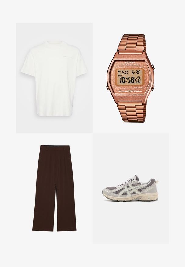 Bijela pamučna majica s okruglim izrezom, kratkim rukavima i malim printanim logotipom sprijeda. Ima opušteni kroj i glatku teksturu.; Smeđe široke hlače s nabranim detaljima. Izrađene od glatkog materijala, s krojenim pojasom i bočnim džepovima. Ravni rub na dnu.; Sive i bijele sportske tenisice s mrežastim gornjim dijelom, obloženim potplatom, teksturiranim naglascima i istaknutim GEL logotipom na peti.; Digitalni Casio sat s metalnom narukvicom u ružičastom zlatu, pravokutnim kućištem, osvijetljenim zaslonom i vodootpornošću, prikazuje vrijeme i datum.