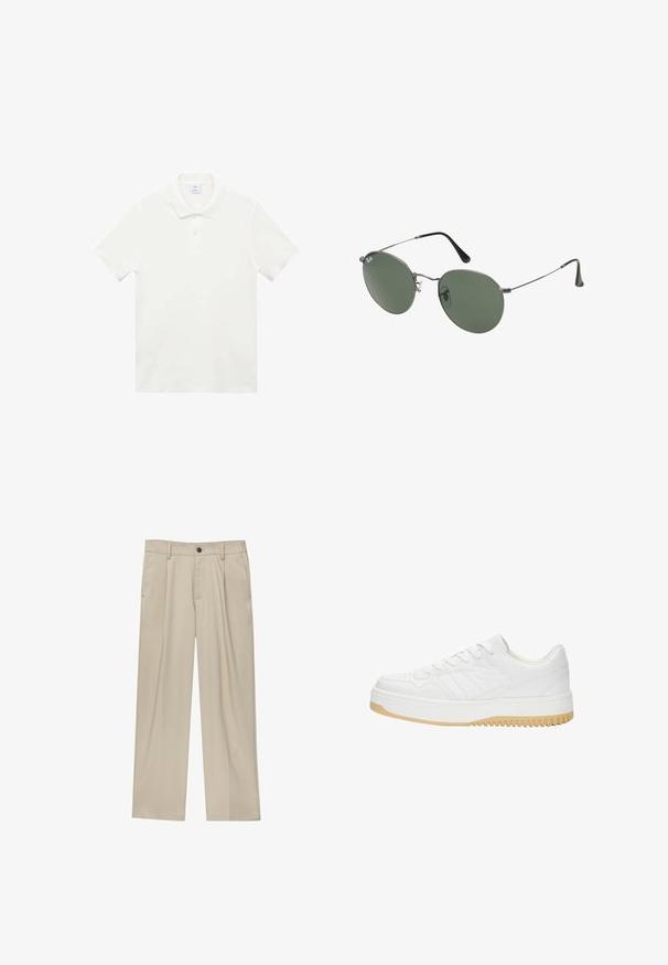 Vit pikétröja tillverkad av mjukt bomullstyg, med klassisk krage, treknapprad och korta ärmar. Ingen mönstring eller dekorationer.; Beiga byxor med rak passform, utrustade med en enda svart knapp, bältesöglor och sidofickor. Slät tygkänsla och minimalistisk design.; Vit lädersneaker med en texturerad yta, som har en gummisula, snördesign och subtila randaccenter på sidorna.; Metallinramade solglasögon med ovala gröna linser. Tunn silvermetallram och svarta öronpluggar. Minimalistisk design, inga synliga logotyper.