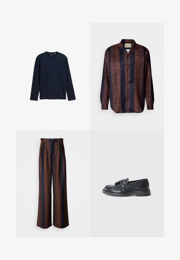 Tamno plava majica dugih rukava od mekog pamuka, s okruglim izrezom i opuštenim krojem bez vidljivih uzoraka ili akcenata.; Mornarica košulja s dugim rukavima u cvjetnom geometrijskom uzorku u nijansama narančaste. Ima ovratnik i dugmad na manžetama.; Hlače širokih nogavica od tamnoplavog platna s složenim narančastim geometrijskim uzorkom, s naboranim prednjim dijelom i prizmom struka.; Crne kožne loferice s okruglim vrhom, trakicom s resicama i masivnim potplatom s uzorkom. Glatka tekstura i klasični dizajn.