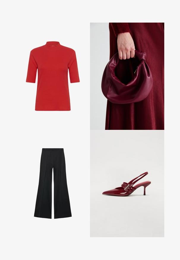 Rode geribde gebreide t-shirt met een hoge opstaande kraag en korte mouwen, met een aansluitende pasvorm en een gladde textuur.; Zwarte wijde-pijpen broek met een gladde textuur, gekenmerkt door voorplooien en een op maat gemaakte uitstraling. De stof is lichtgewicht en vloeiend.; Rode gepatenteerde leren slingbackhakken met een spitse neus, twee gespsluitingen en een slanke, middelhoge stilettohak. Glad textuur.; Bordeaux leren handtas met een zacht, gegathered ontwerp en een ronde vorm. De handgreep is stevig bevestigd en toont een gladde textuur.