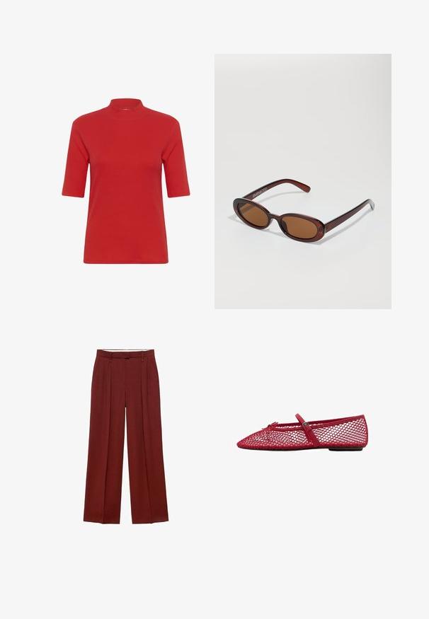 Rdeča pletiva majica s kratkimi rokavi in visokim ovratnikom, ki ima prilegajočo se obliko in gladko teksturo.; Široke hlače v temno rdeči barvi, z visokim pasom, zložki spredaj in gladkim, teksturiranim materialom.; Rde mrežaste balerinke s koničastim prstom, ki imajo tanek trak in podrobnost z zaponko. Zgornji del ima odprt, satasti vzorec.; Okrogle, rjavo obarvane sončne naočare z sijočim burgundskim okvirjem. Tanek nosilec s subtilnim logotipom. Oblika leč je ravna.