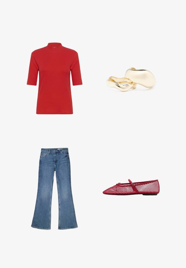 Rød ribbet strik T-shirt med høj mock neck og korte ærmer, i en tætsiddende form og glat tekstur.; Udstående blå jeans lavet af denim, med en mellemhøj talje, fem lommer og en falmet tekstur med syninger langs sømmene.; Røde mesh balletflade med spids tå, der har en tynd rem og spænde detalje. Overdelen har et åbent, honningkombinationsmønster.; Guldfarvede øreringe med en organisk, bønneformet silhuet og en glat, reflekterende overflade; har et minimalistisk design uden synligt hardware.