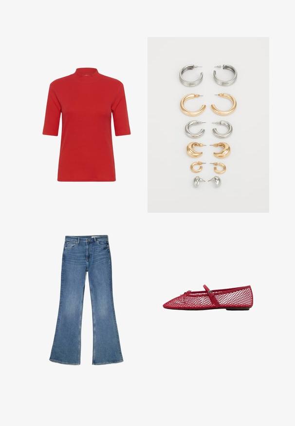 Czerwona, prążkowana bluzka t-shirt z wysokim stójką i krótkimi rękawami, o dopasowanym kroju i gładkiej fakturze.; Niebieskie dżinsy typu dzwony wykonane z denimu, z średnim stanem, pięcioma kieszeniami i wyblakłą teksturą oraz detalami przeszyć wzdłuż szwów.; Czerwone siateczkowe baletki z ostro zakończonym noskiem, z cienkim paskiem i zapięciem. Wierzch ma otwarty, plasterkowy wzór.; Zestaw ośmiu metalowych kolczyków w srebrnych i złotych odcieniach. Zawiera różne style kółek, tekstury i wykończenia, uporządkowane według rozmiaru.