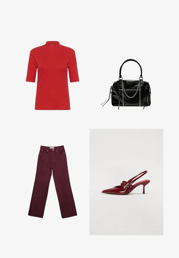 Rotes geripptes Strick-T-Shirt mit hochgeschlossenem Kragen und kurzen Ärmeln, in figurbetonter Form und glatter Textur.; Burgunderfarbene hochtaillierte Jeans mit geradem Bein-Design, ausgestattet mit vorderen Taschen, einem Knopfverschluss und metallischen Akzenten in Kupferfarbe.; Rote Lackleder Slingback-Absätze mit spitzem Zeh, zwei Schnallenriemen und einem schlanken, mittelhohen Stiletto-Absatz. Glatte Textur.; Bershka WITH CHAIN - Handtasche - black